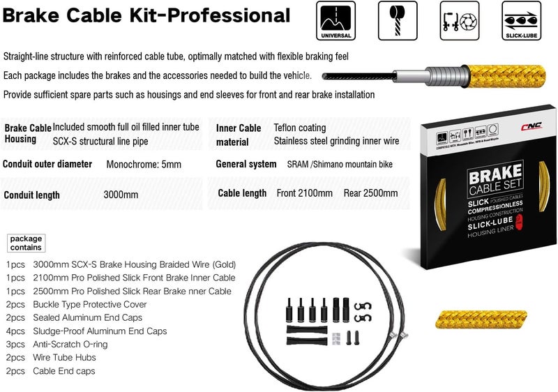 CNC Mountain Bike Brake Cable Kit,Bicycle Brake Cable Housing Coated Braided & Teflon Inner line For MTB（Black/Gold/Silver/Titanium silver） - Image 2